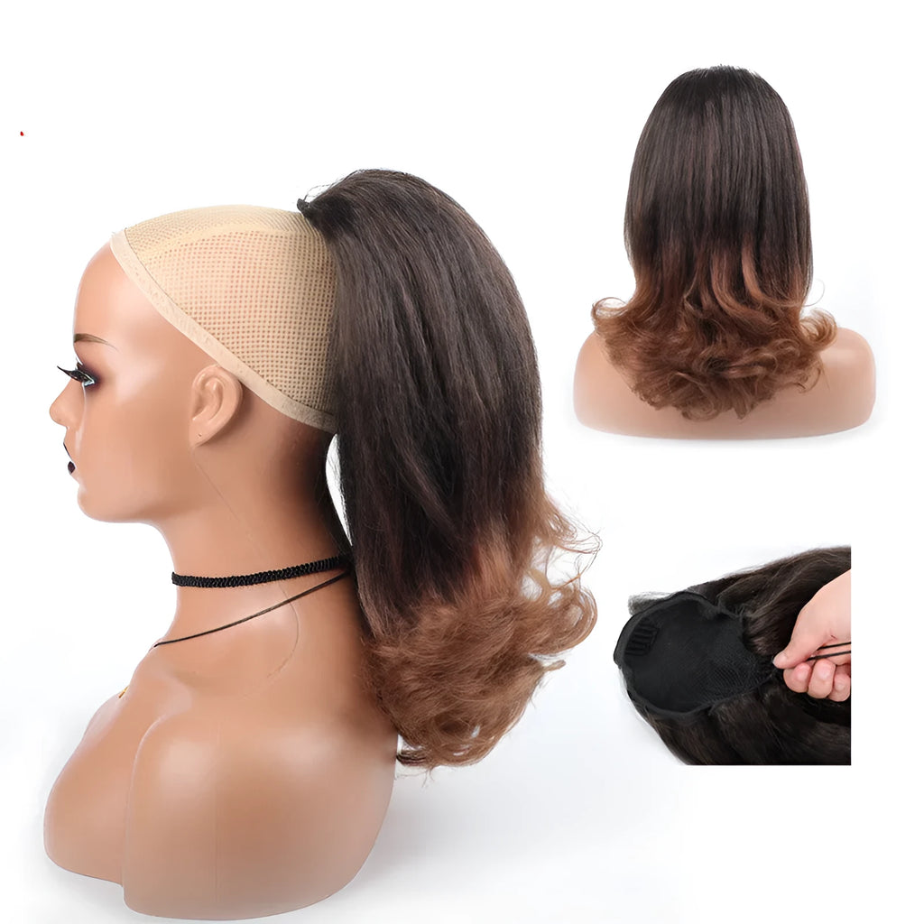 Retro long curly ponytail wig in 16 inch length made from Japanese silk fibre