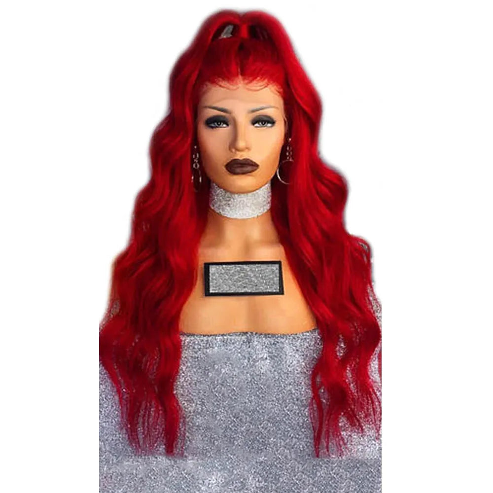 Chemical fiber front lace wig red long curly hair with 26-size cap and lace area