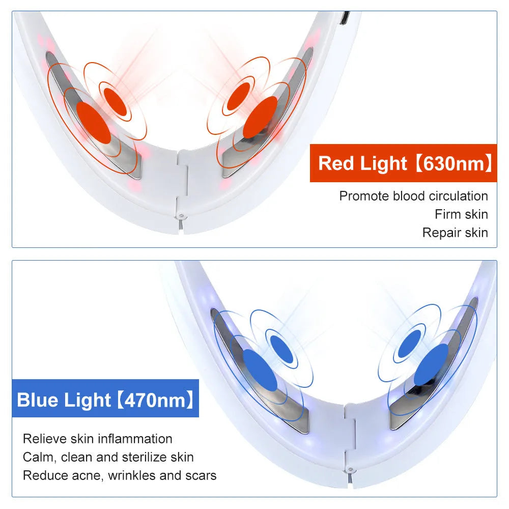 White handheld facial lifting device with red and blue light therapy LEDs.