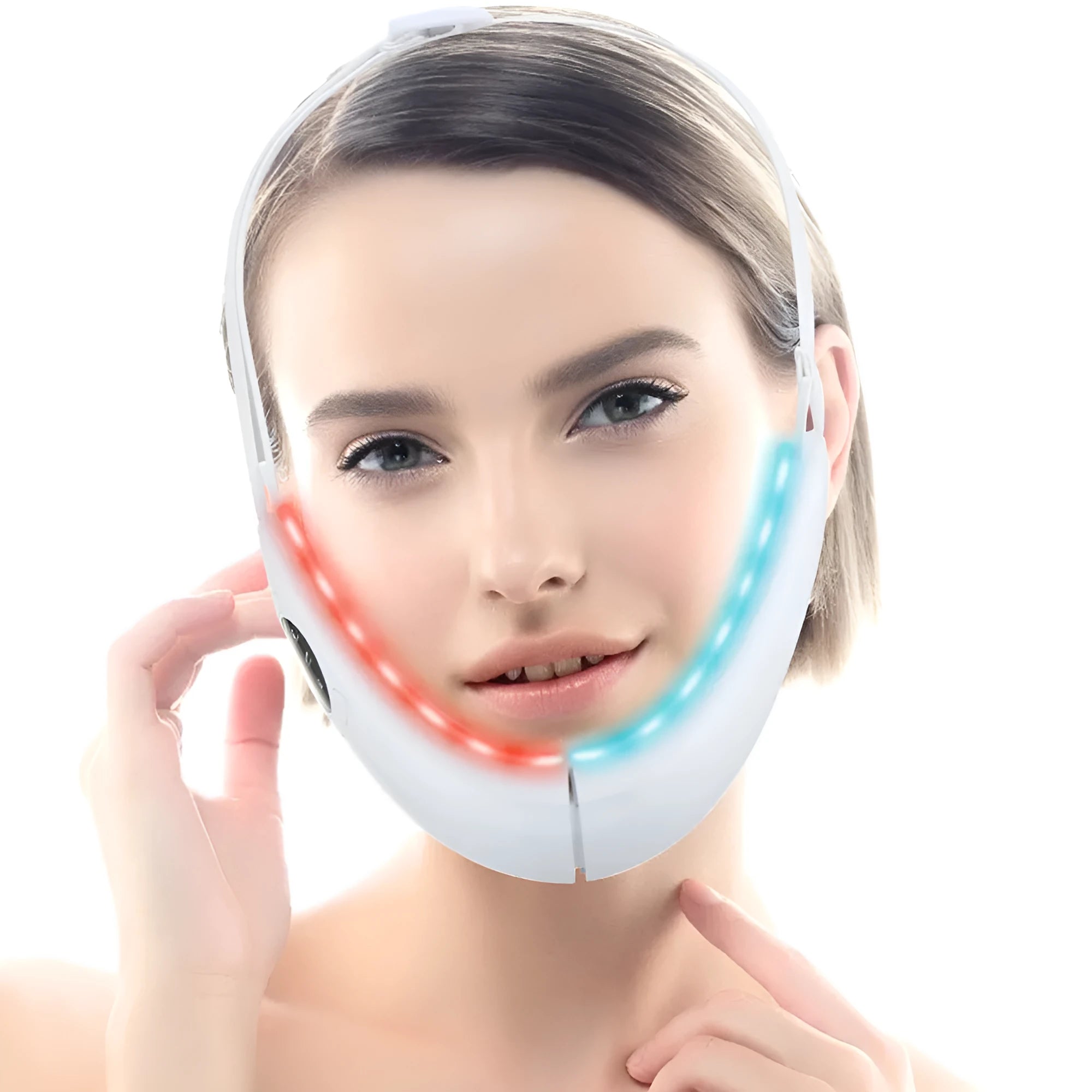 White handheld facial lifting device with red and blue light therapy LEDs.