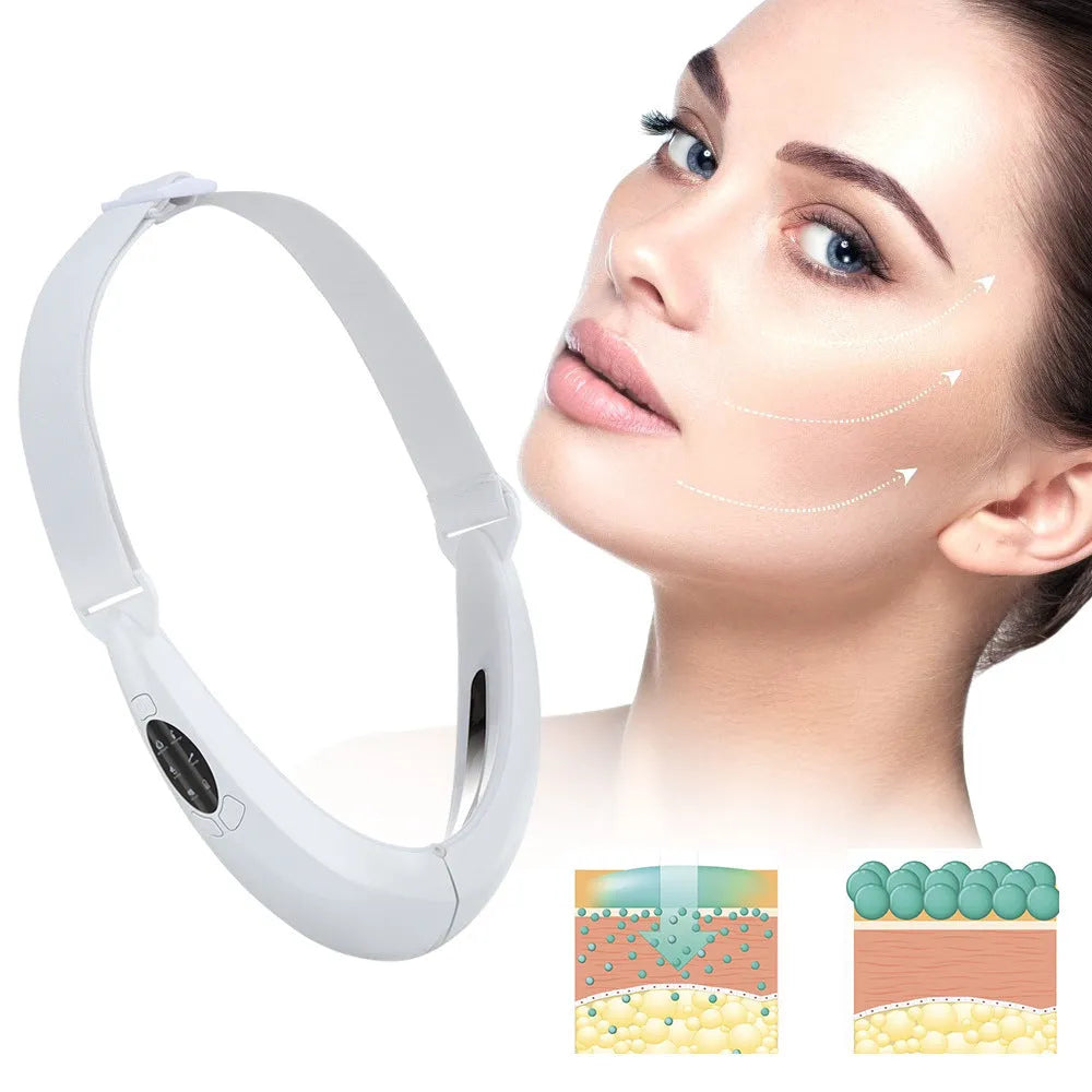 White handheld facial lifting device with red and blue light therapy LEDs.