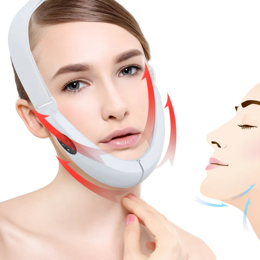 White handheld facial lifting device with red and blue light therapy LEDs.