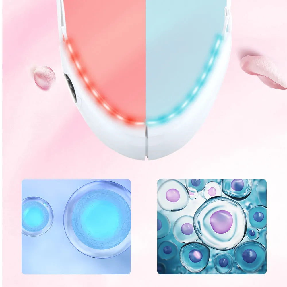 White handheld facial lifting device with red and blue light therapy LEDs.
