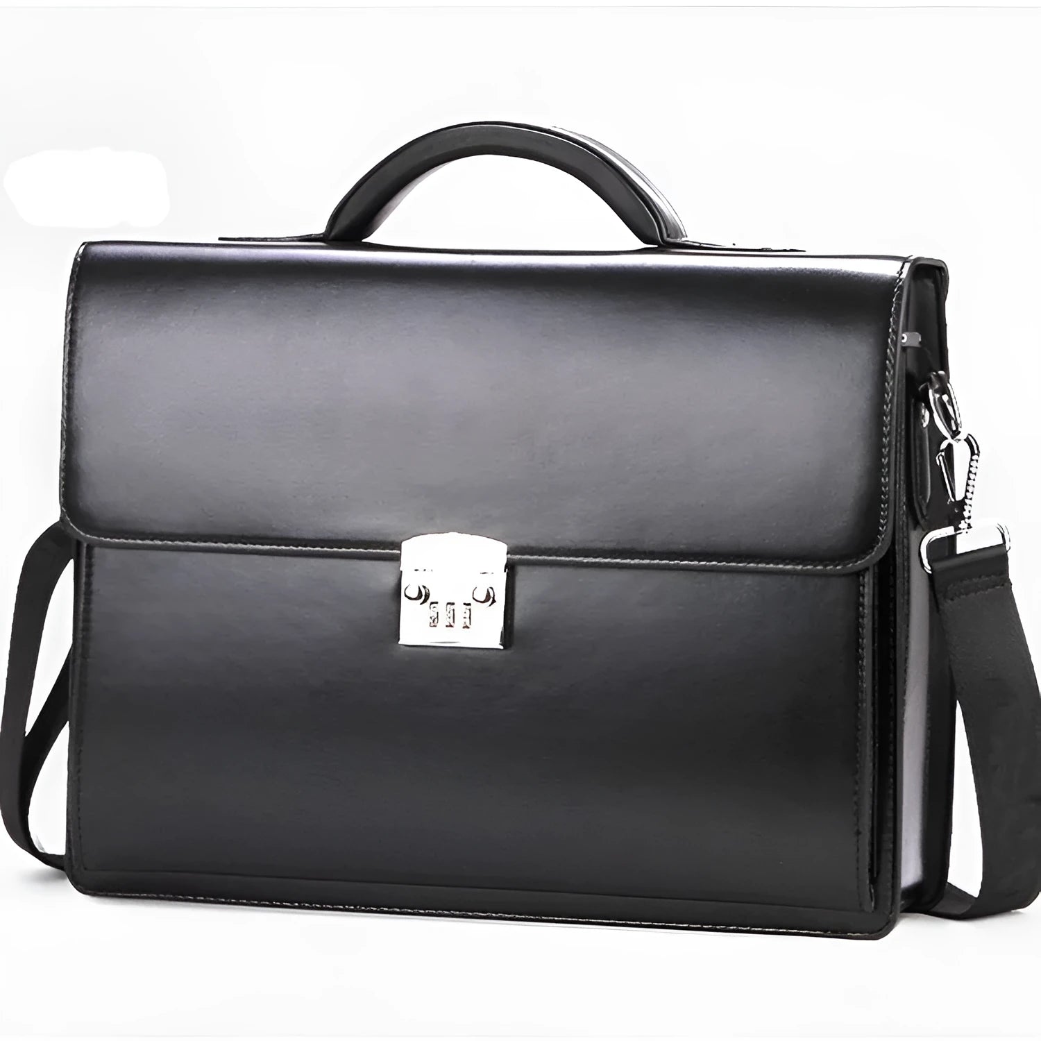 Black horizontal square PU leather men's business briefcase with top handle and zipper opening.