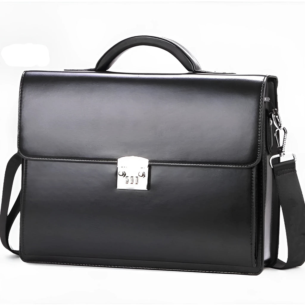 Black PU leather men's business briefcase with a detachable handle and zipper closure.