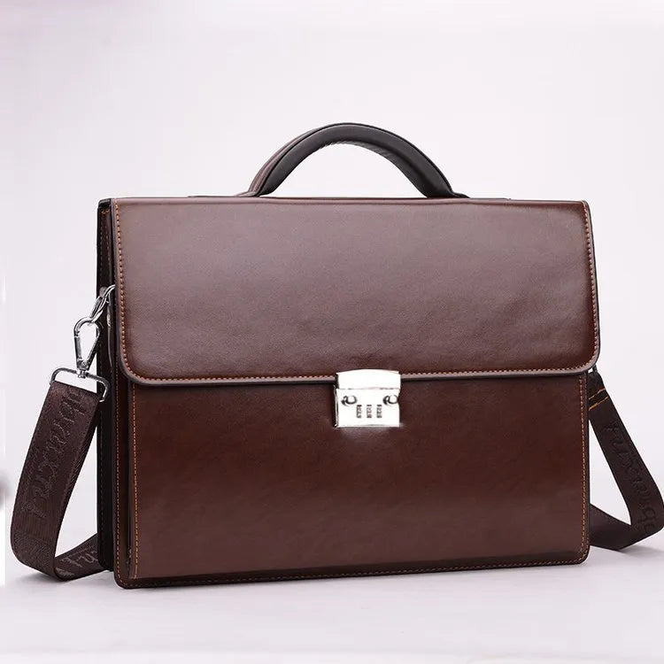 Black horizontal square PU leather men's business briefcase with top handle and zipper opening.