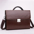 Black horizontal square PU leather men's business briefcase with top handle and zipper opening.