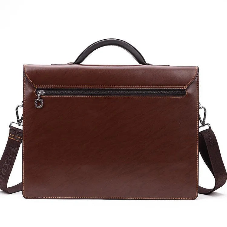 Black PU leather men's business briefcase with a detachable handle and zipper closure.