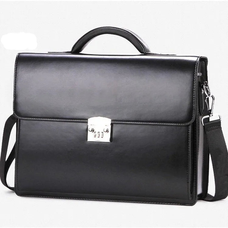 Black PU leather men's business briefcase with a detachable handle and zipper closure.