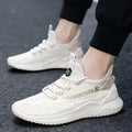 Men's white mesh low-top sports shoes with rubber sole and lace-up front.