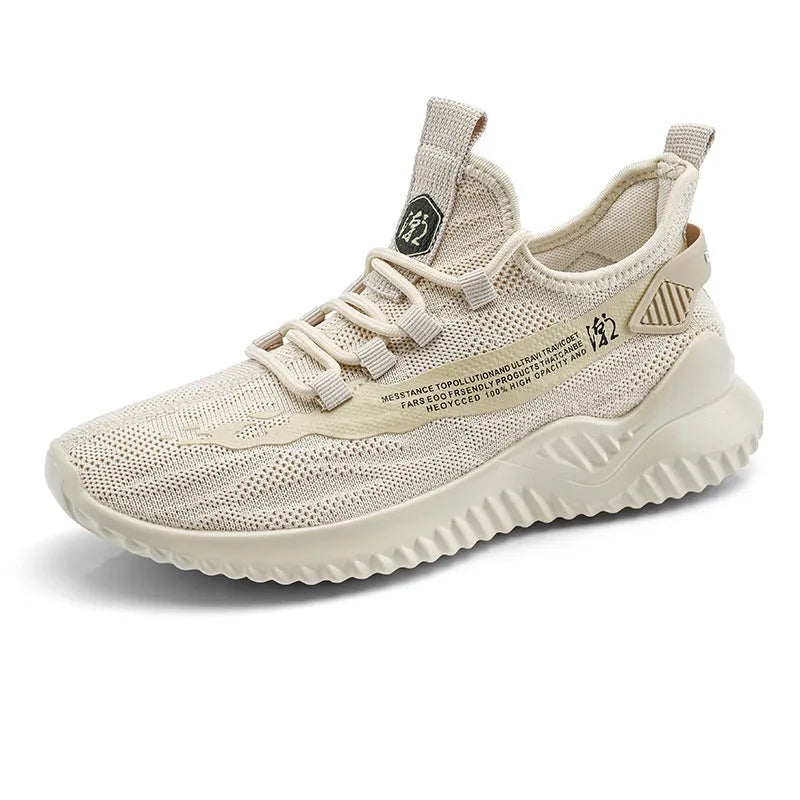 Men's white mesh low-top sports shoes with rubber sole and lace-up front.