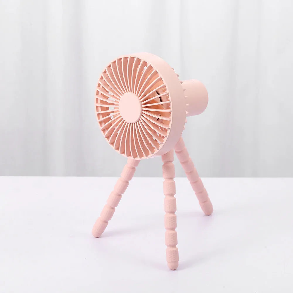 Compact USB desktop fan with a bending head on a flexible octopus tripod, in white colour.
