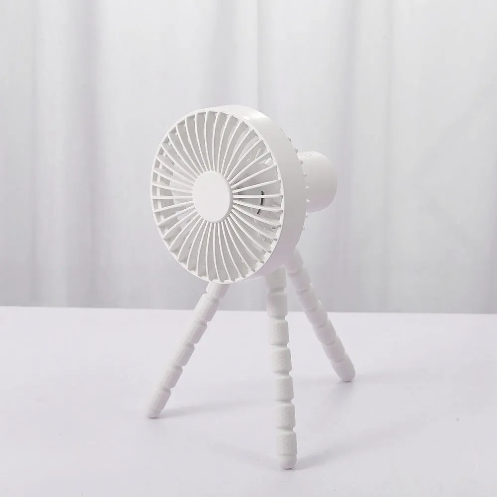 Compact USB desktop fan with a bending head on a flexible octopus tripod, in white colour.