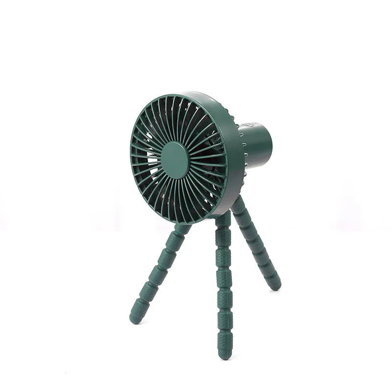 Compact USB desktop fan with a bending head on a flexible octopus tripod, in white colour.