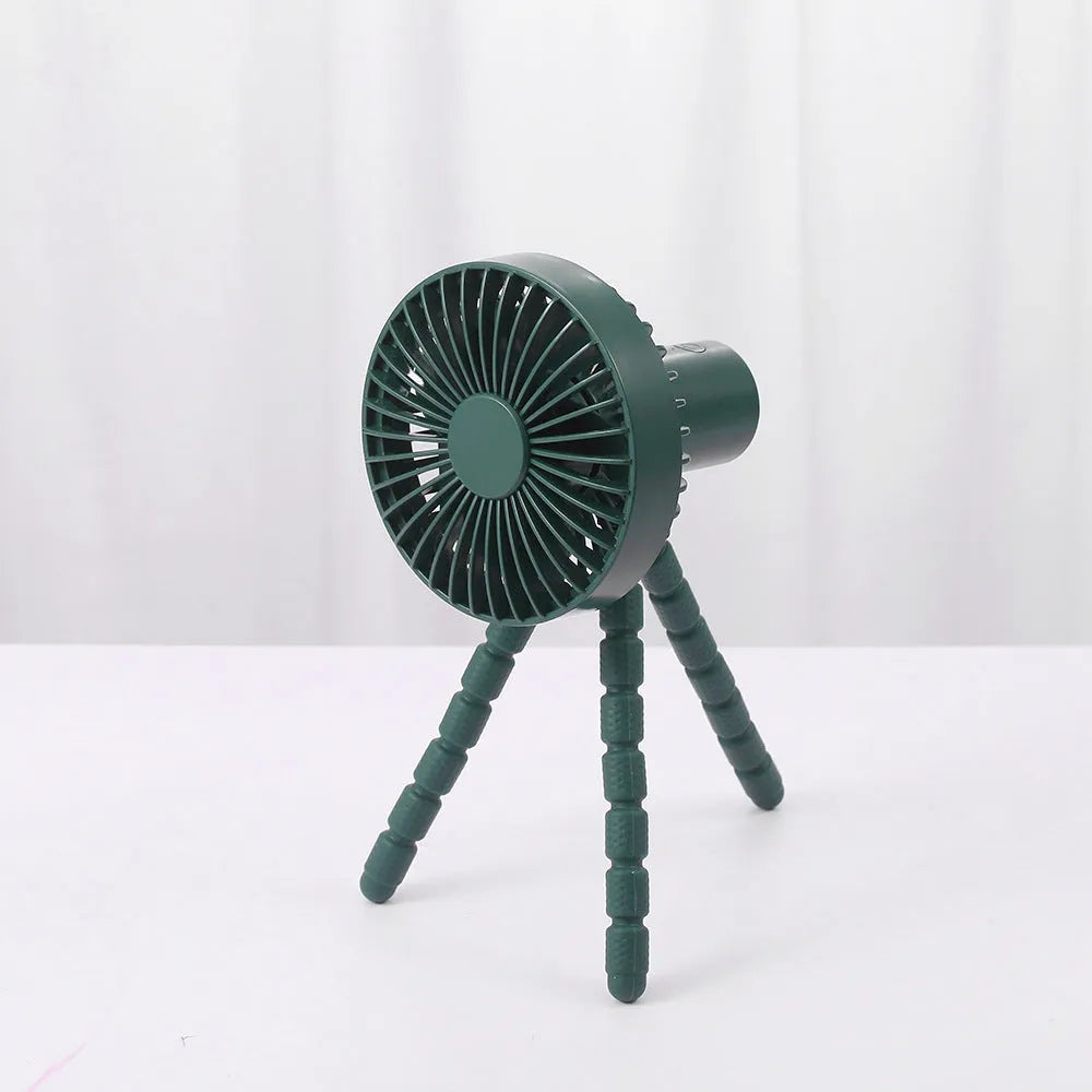 Compact USB desktop fan with a bending head on a flexible octopus tripod, in white colour.