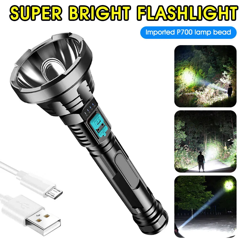 USB rechargeable LED flashlight with 3W light, 1200mAh battery, ABS body, and 200-500m range in black or golden head circle.