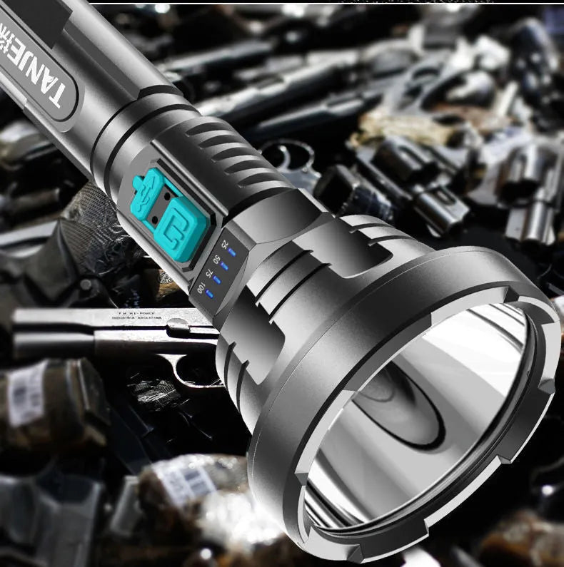 USB rechargeable LED flashlight with 3W light, 1200mAh battery, ABS body, and 200-500m range in black or golden head circle.
