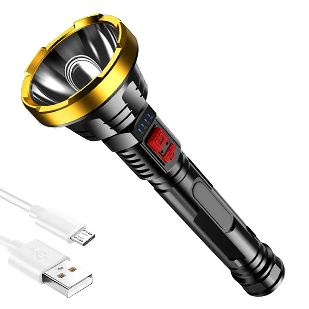 USB rechargeable LED flashlight with 3W light, 1200mAh battery, ABS body, and 200-500m range in black or golden head circle.