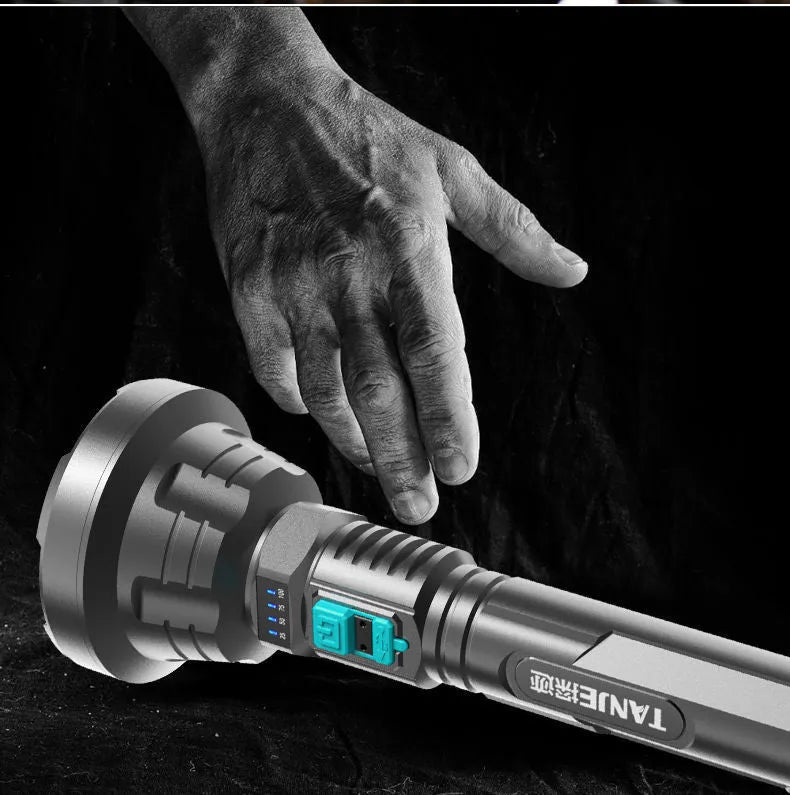 USB rechargeable LED flashlight with 3W light, 1200mAh battery, ABS body, and 200-500m range in black or golden head circle.