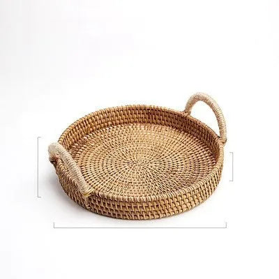 Round handwoven rattan storage basket with wooden handle showing three size options