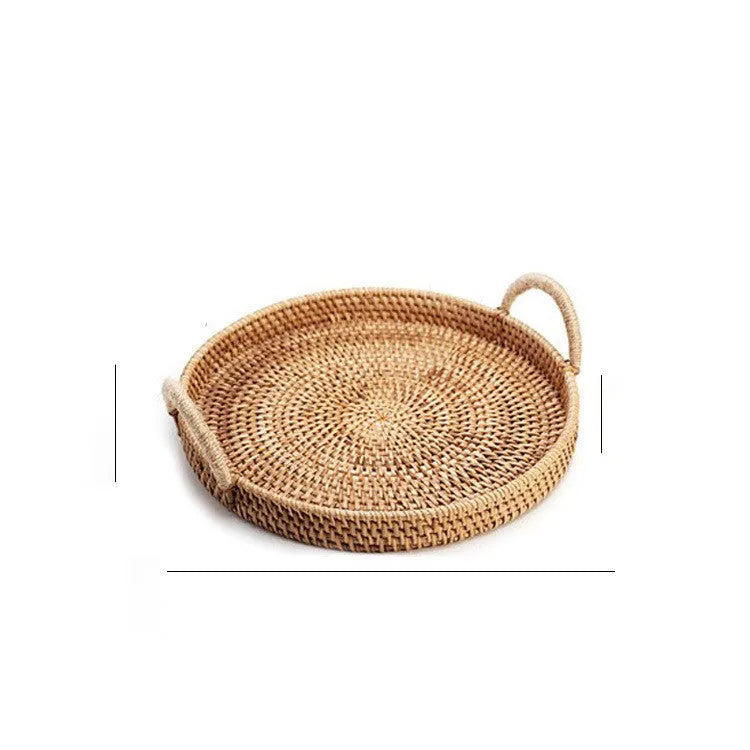 Round handwoven rattan storage basket with wooden handle showing three size options