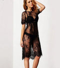 Black lace crochet bikini cover up beach dress with elastic waist and strap design