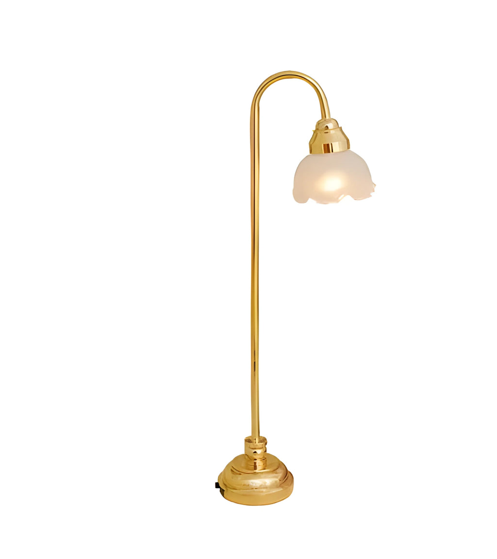 Miniature dollhouse LED floor lamp with glass shade, battery-powered cordless design