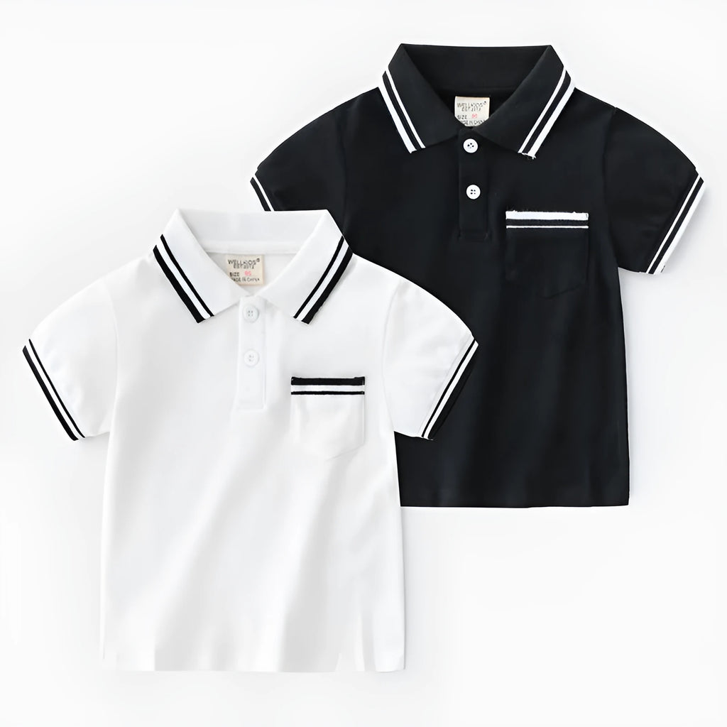 Boys' white and black short sleeve cotton polo t-shirt shown flat, suitable for summer.