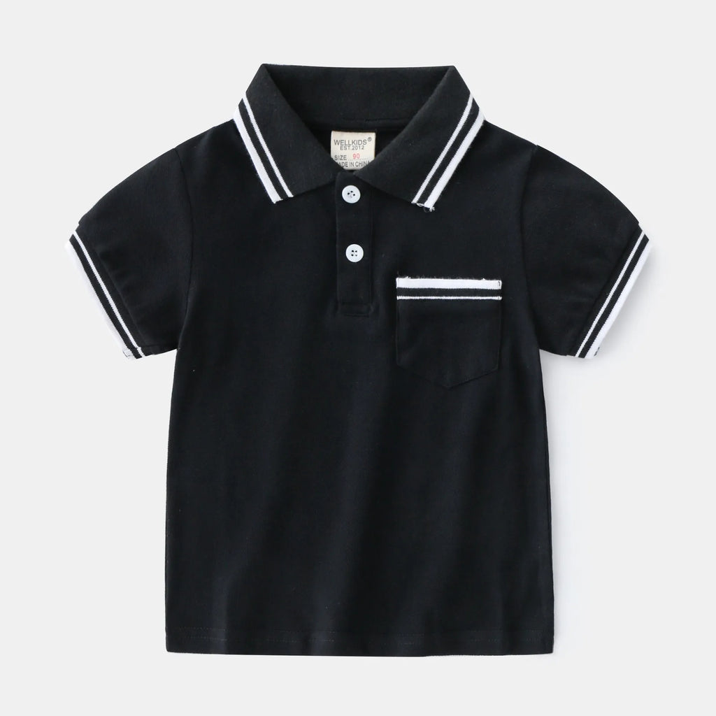 Boys' white and black short sleeve cotton polo t-shirt shown flat, suitable for summer.