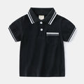 Boys' white and black short sleeve cotton polo t-shirt shown flat, suitable for summer.