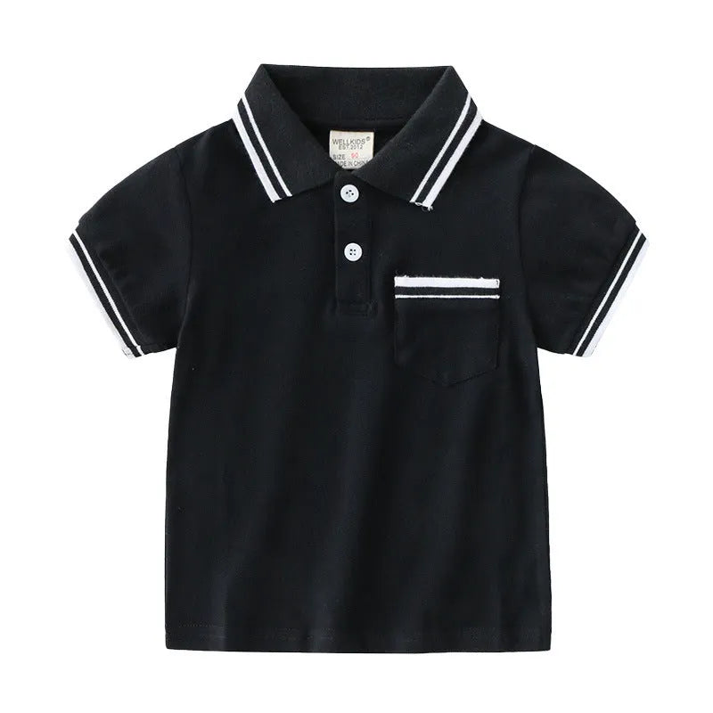 Boys' white and black short sleeve cotton polo t-shirt shown flat, suitable for summer.