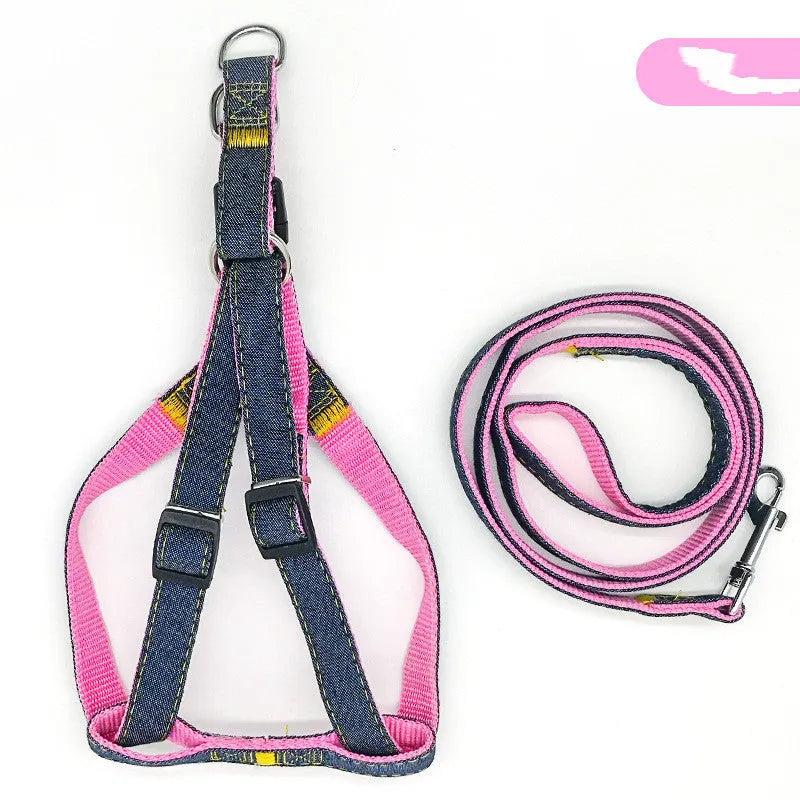 Dog walking traction rope harness in denim and nylon with 120cm rope, black colour, small to extra large sizes