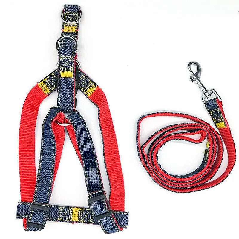 Dog walking traction rope harness in denim and nylon with 120cm rope, black colour, small to extra large sizes