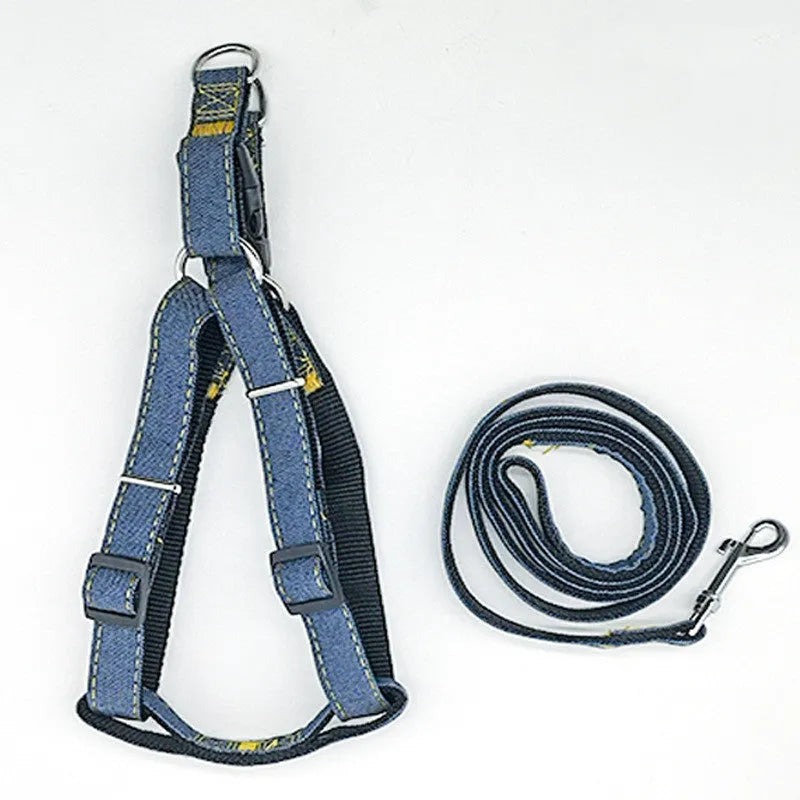 Dog walking traction rope harness in denim and nylon with 120cm rope, black colour, small to extra large sizes