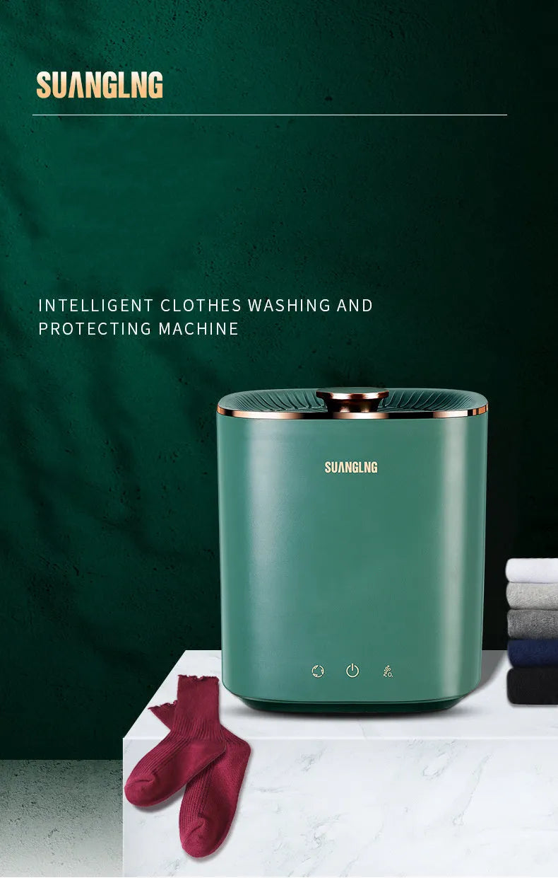Green and white mini portable washing machine with ozone sterilisation for underwear and socks