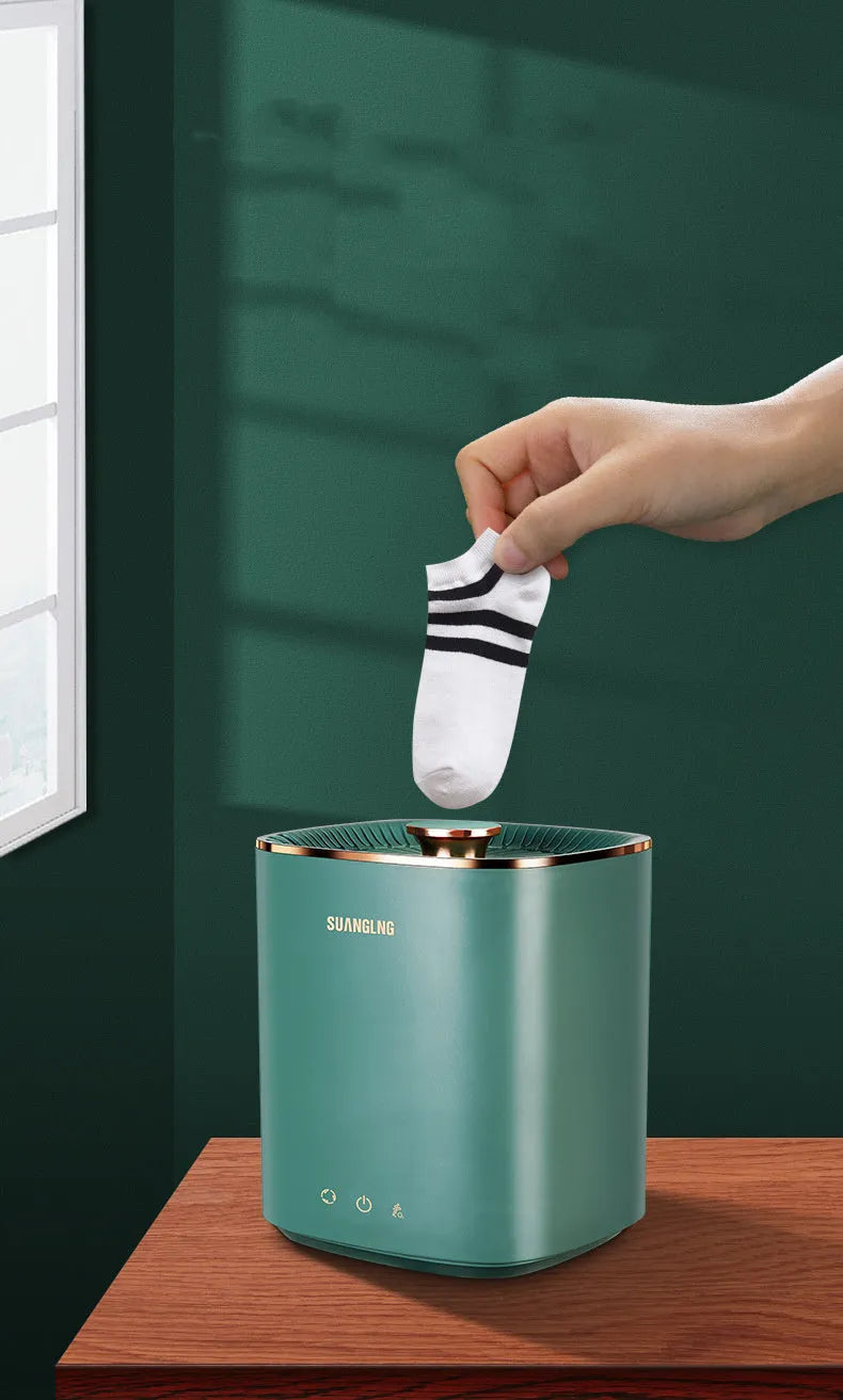 Green and white mini portable washing machine with ozone sterilisation for underwear and socks