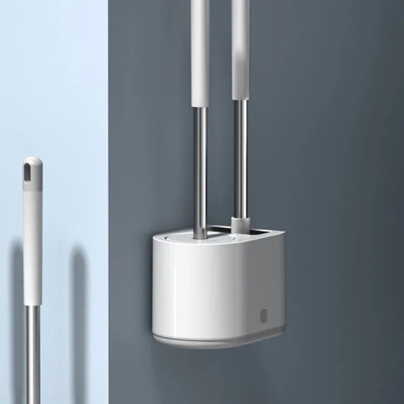 White bathroom silicone toilet brush set with soft TPR head, anti-drip base, and second brush for floors and glass
