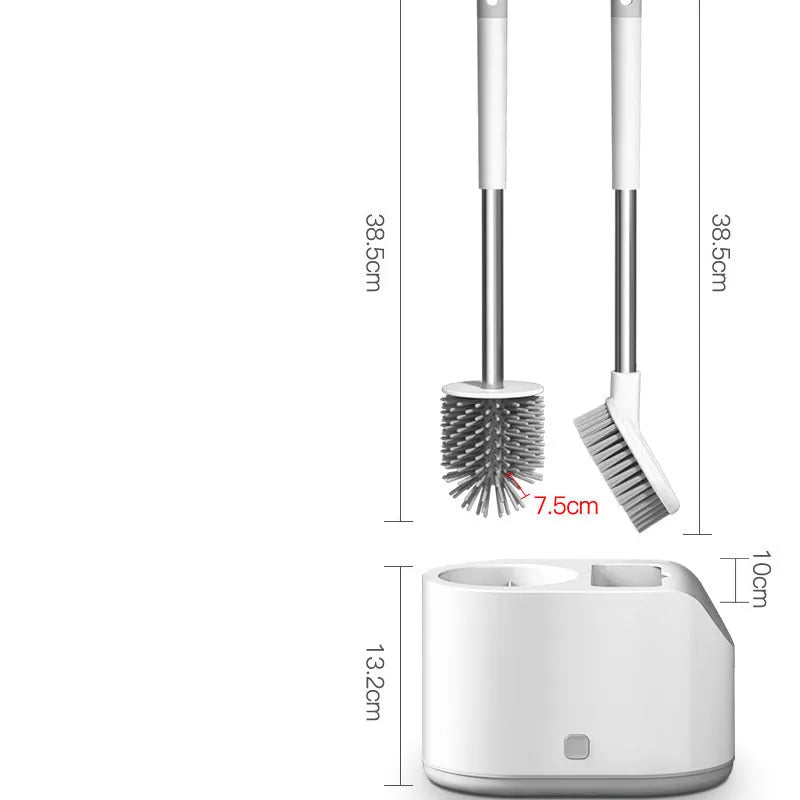 White bathroom silicone toilet brush set with soft TPR head, anti-drip base, and second brush for floors and glass