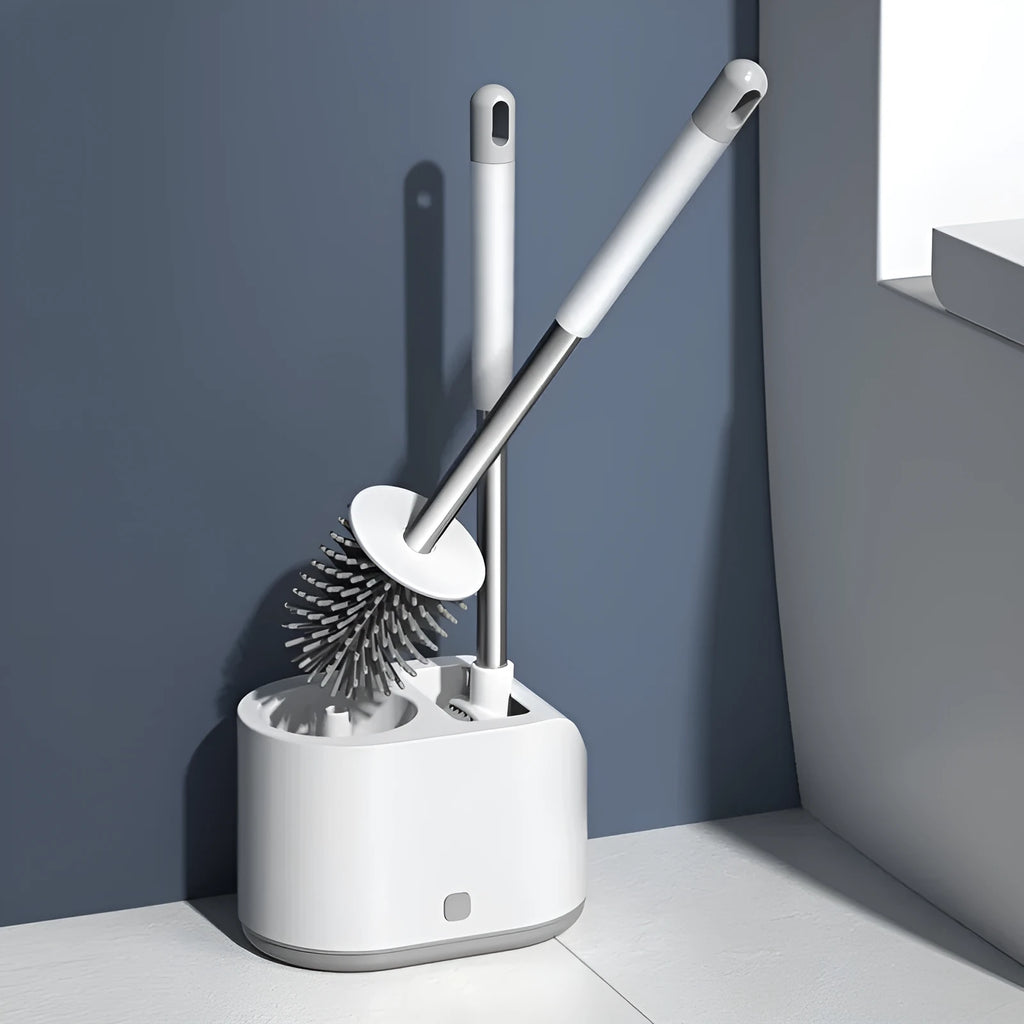 White bathroom silicone toilet brush set with soft TPR head, anti-drip base, and second brush for floors and glass
