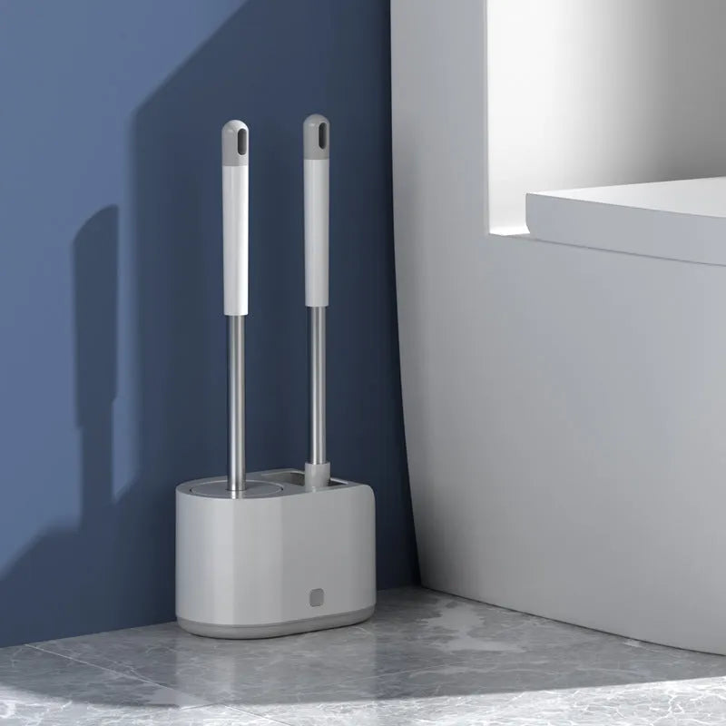 White bathroom silicone toilet brush set with soft TPR head, anti-drip base, and second brush for floors and glass