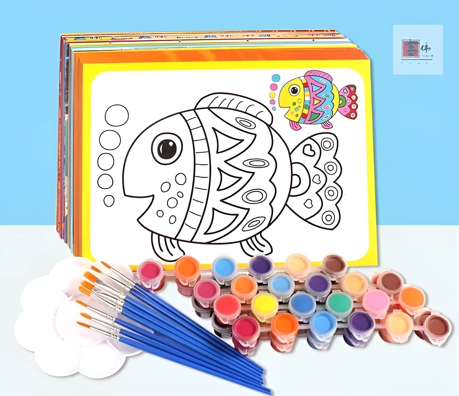 Children's gouache painting set showing sketch pad with pre-printed picture, 8 rows of pigments, and painting pens.