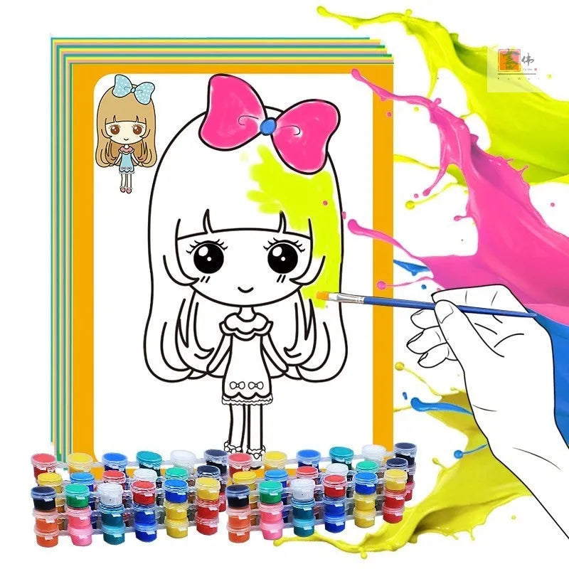 Children's gouache painting set showing sketch pad with pre-printed picture, 8 rows of pigments, and painting pens.