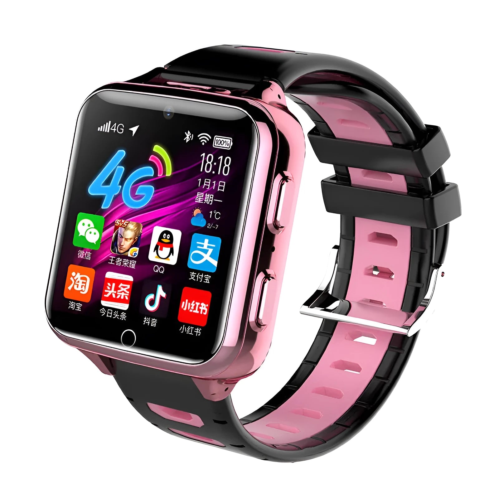 Children's smart watch with black silicone sport strap showing touch screen interface