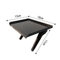 Plastic desktop storage rack for TV set-top box and router organisation with hook installation.
