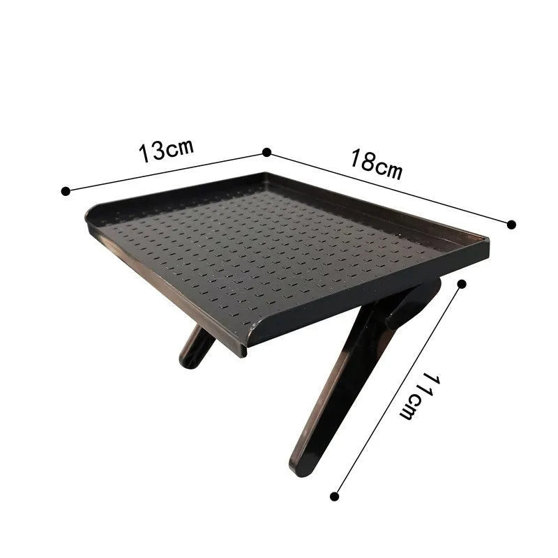 Plastic desktop storage rack for TV set-top box and router organisation with hook installation.