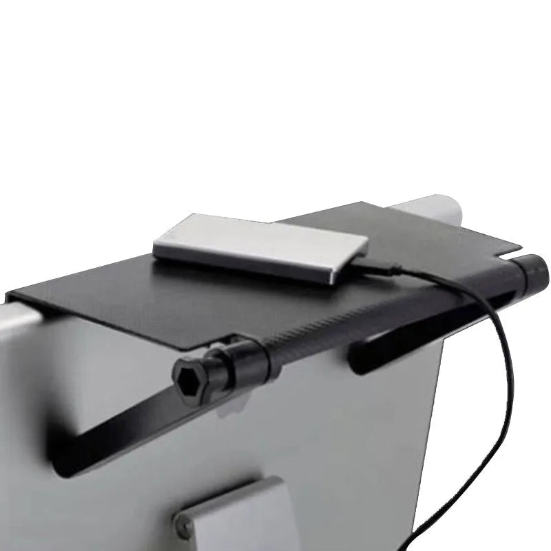 Plastic desktop storage rack for TV set-top box and router organisation with hook installation.