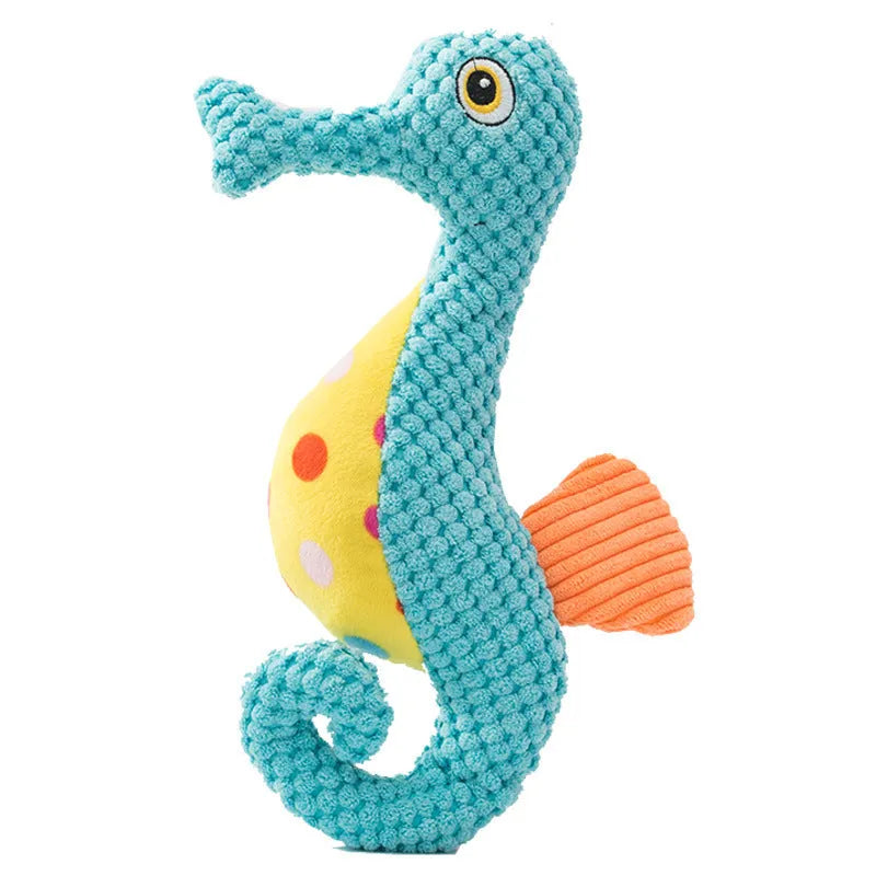 Light blue seahorse dog toy plush made from bite-resistant pineapple velvet, weighing 100g