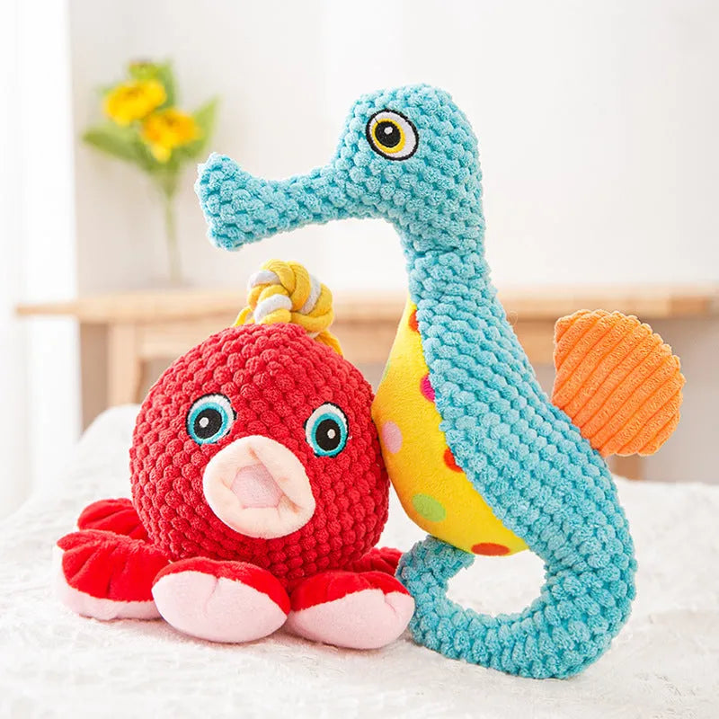 Light blue seahorse dog toy plush made from bite-resistant pineapple velvet, weighing 100g