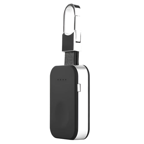 Black portable wireless power bank charger for Apple Watch on a keychain.