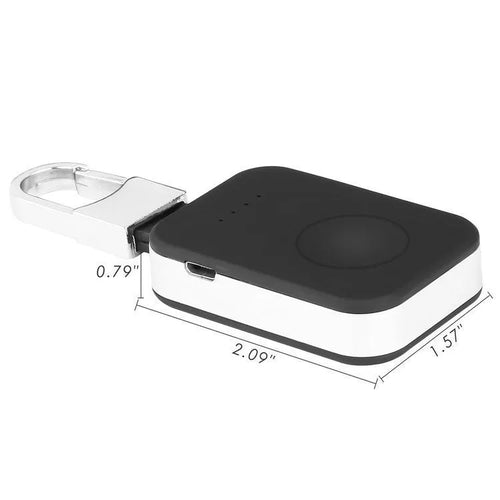 Black portable wireless power bank charger for Apple Watch on a keychain.